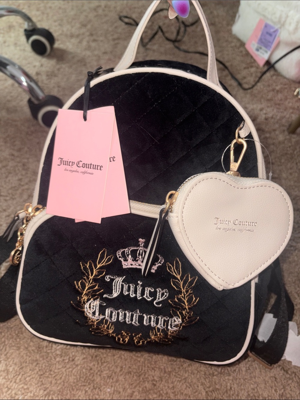 Juicy Couture Black Quilted Backpack with Cream Heart Charm